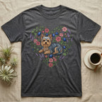 Dark grey t-shirt with a Yorkshire terrier and floral heart graphic.