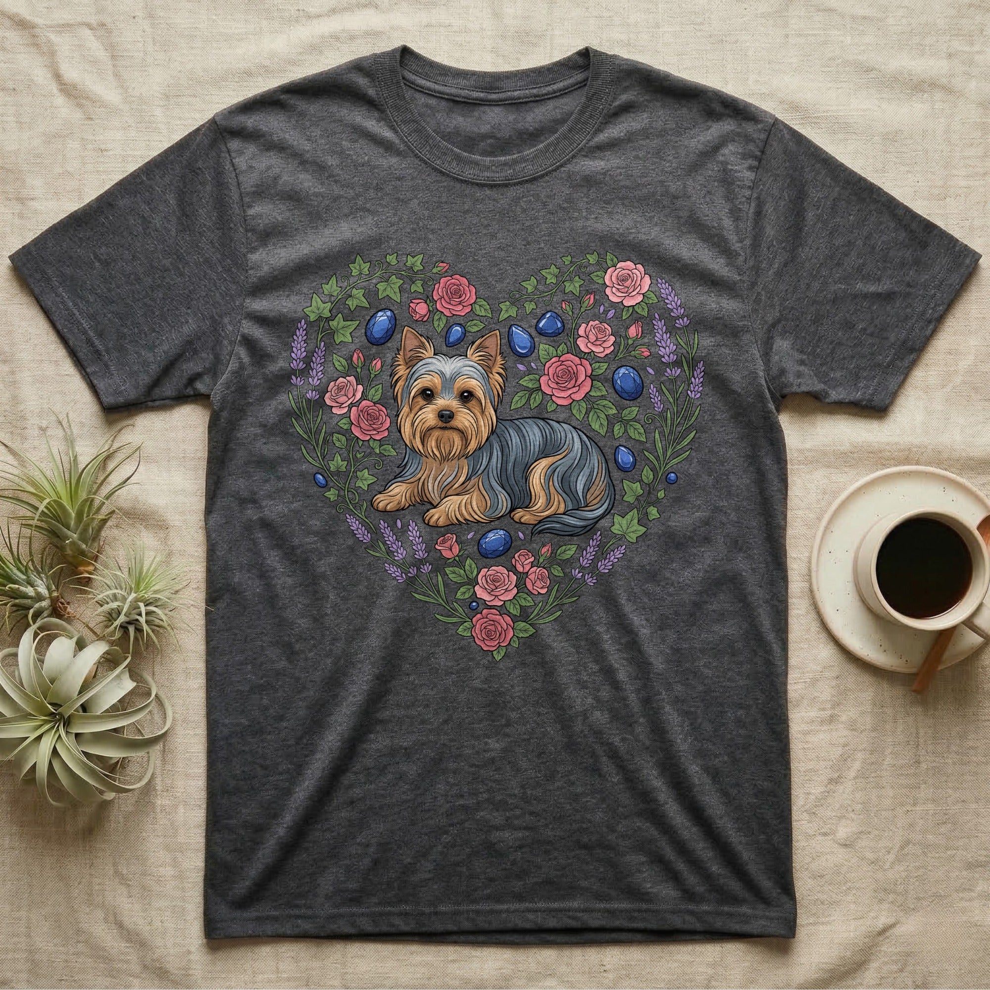 Dark grey t-shirt with a Yorkshire terrier and floral heart graphic.