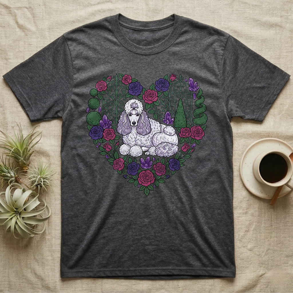 Dark grey t-shirt with a poodle in a floral heart design.