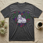Dark grey t-shirt with a poodle in a floral heart design.
