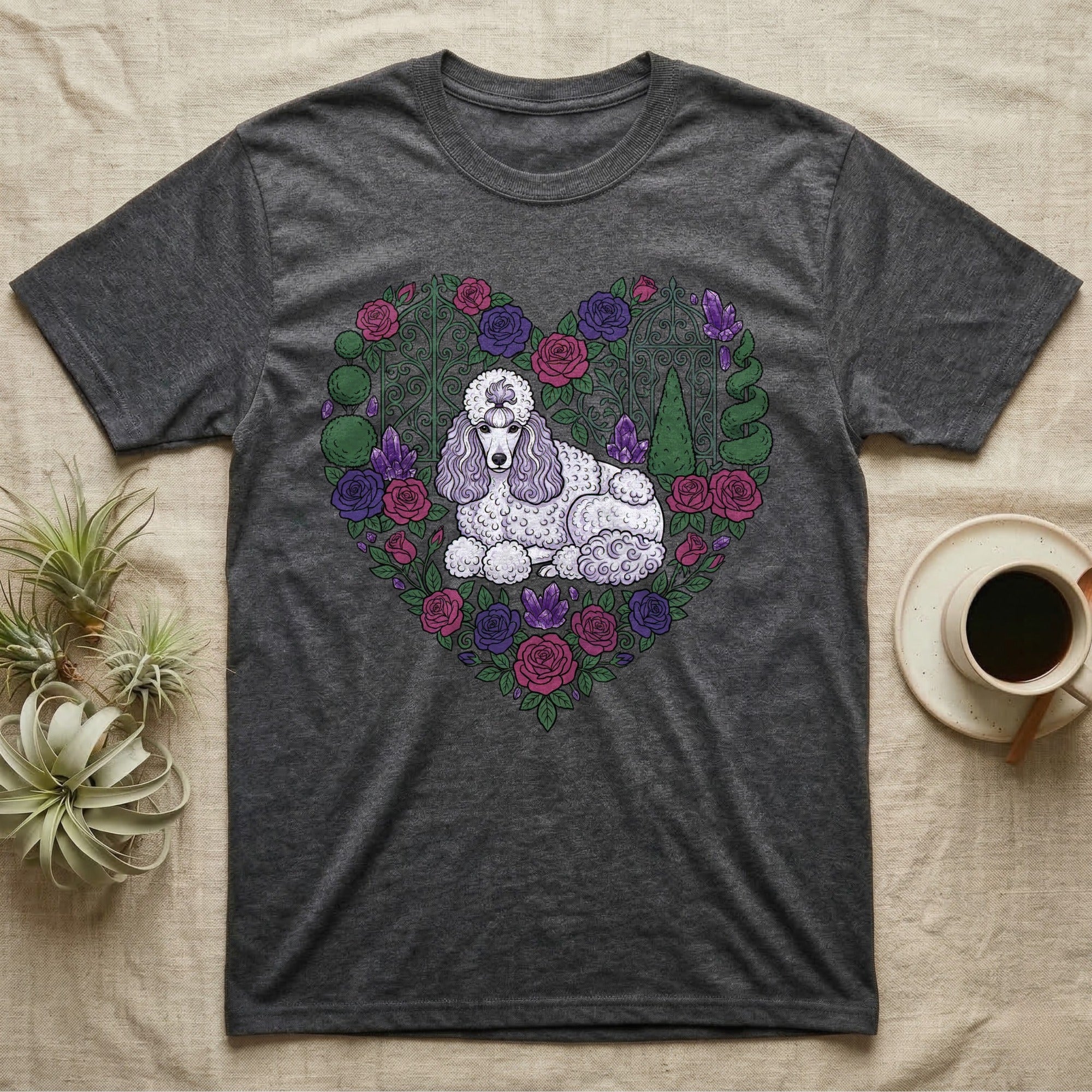 Dark grey t-shirt with a poodle in a floral heart design.