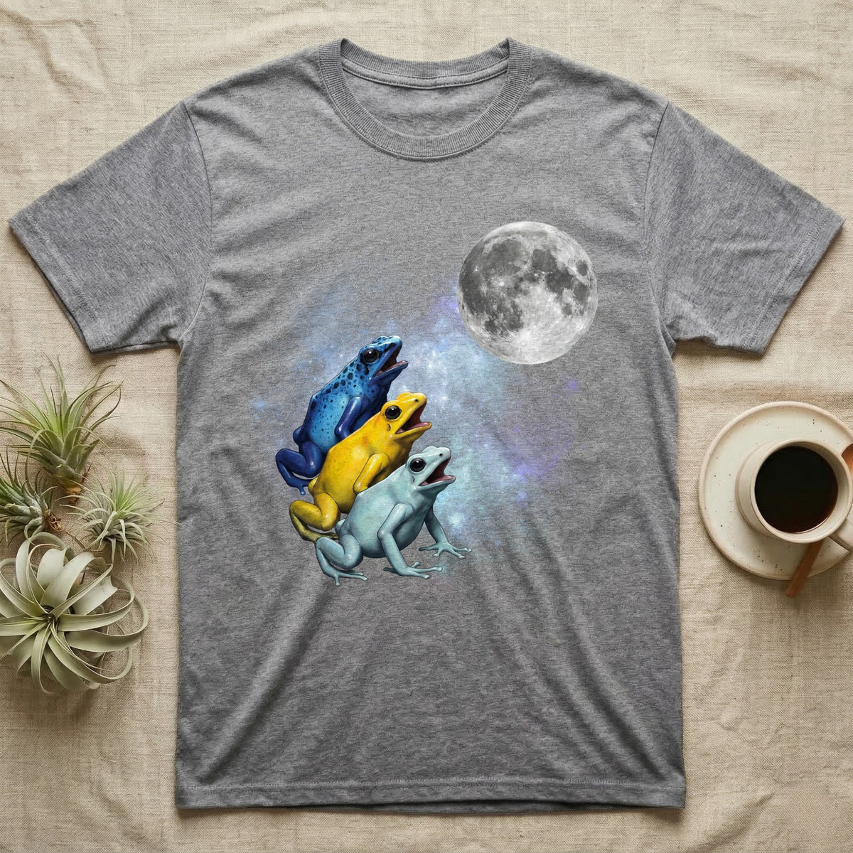 Poison Dart Frog Moon Howl T-Shirt in Sport Grey — Three Poison Dart Frog colour morphs howling at a full moon over a nebula on a dark grey t-shirt.