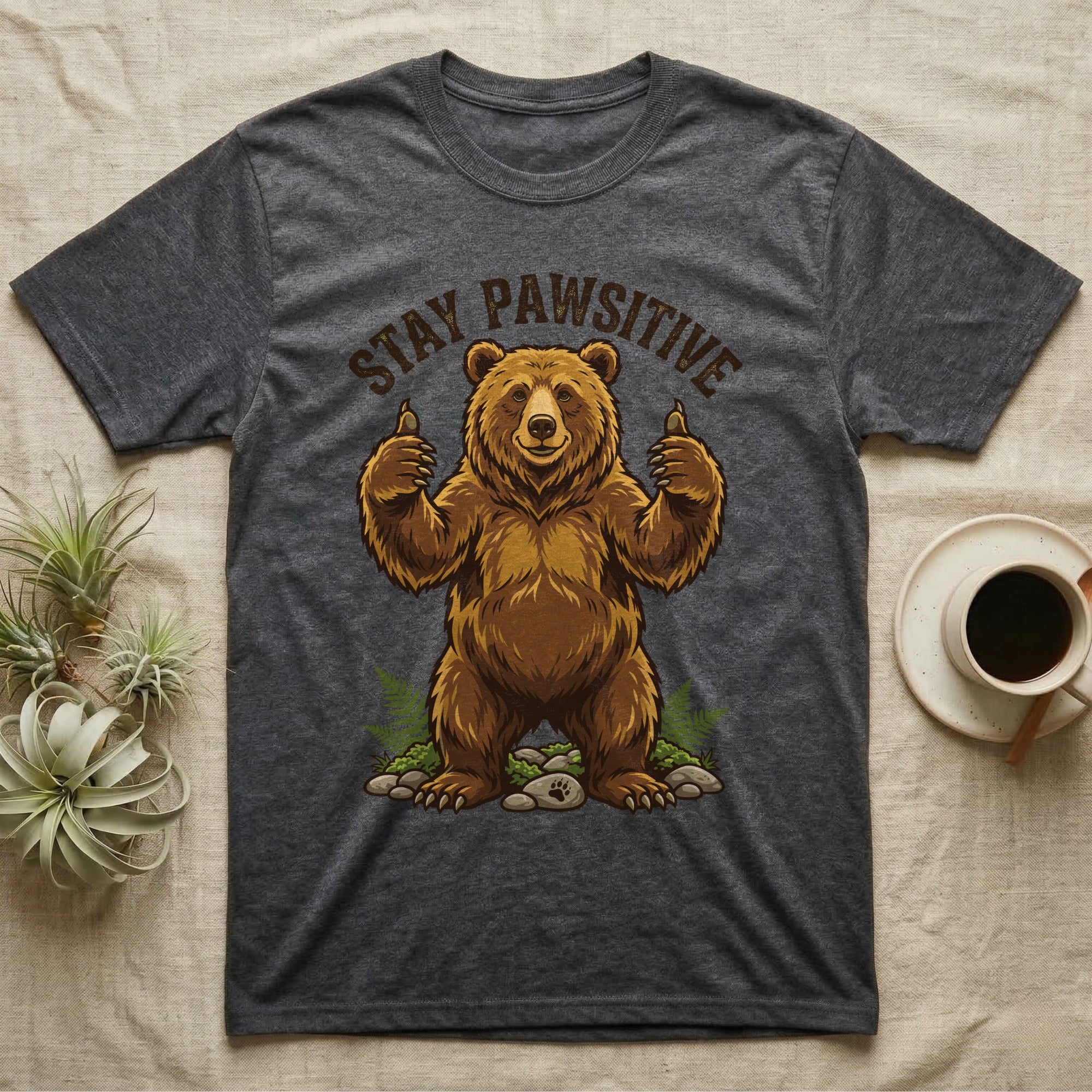 Gray t-shirt with a bear giving two thumbs up, saying "Stay Pawsitive".