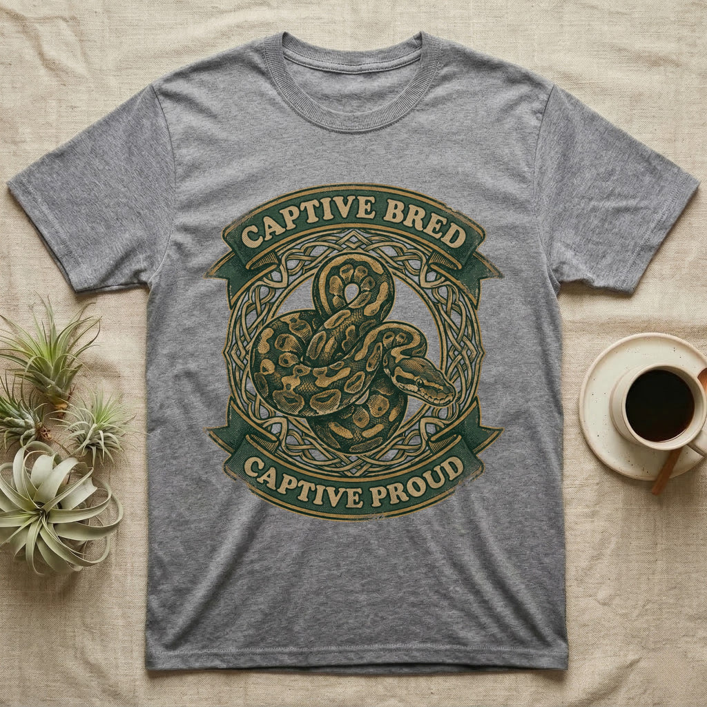 Ball Python Breeder Crest T-Shirt in Sport Grey — Vintage heraldic crest of a coiled morph ball python with captive bred captive proud banner text.