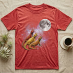 Uromastyx Moon Howl T-Shirt in Heather Red — Three Uromastyx colour morphs howling at a full moon over a nebula on a dark grey t-shirt.