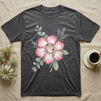 Dark grey t-shirt featuring a watercolor gecko on a pink flower.