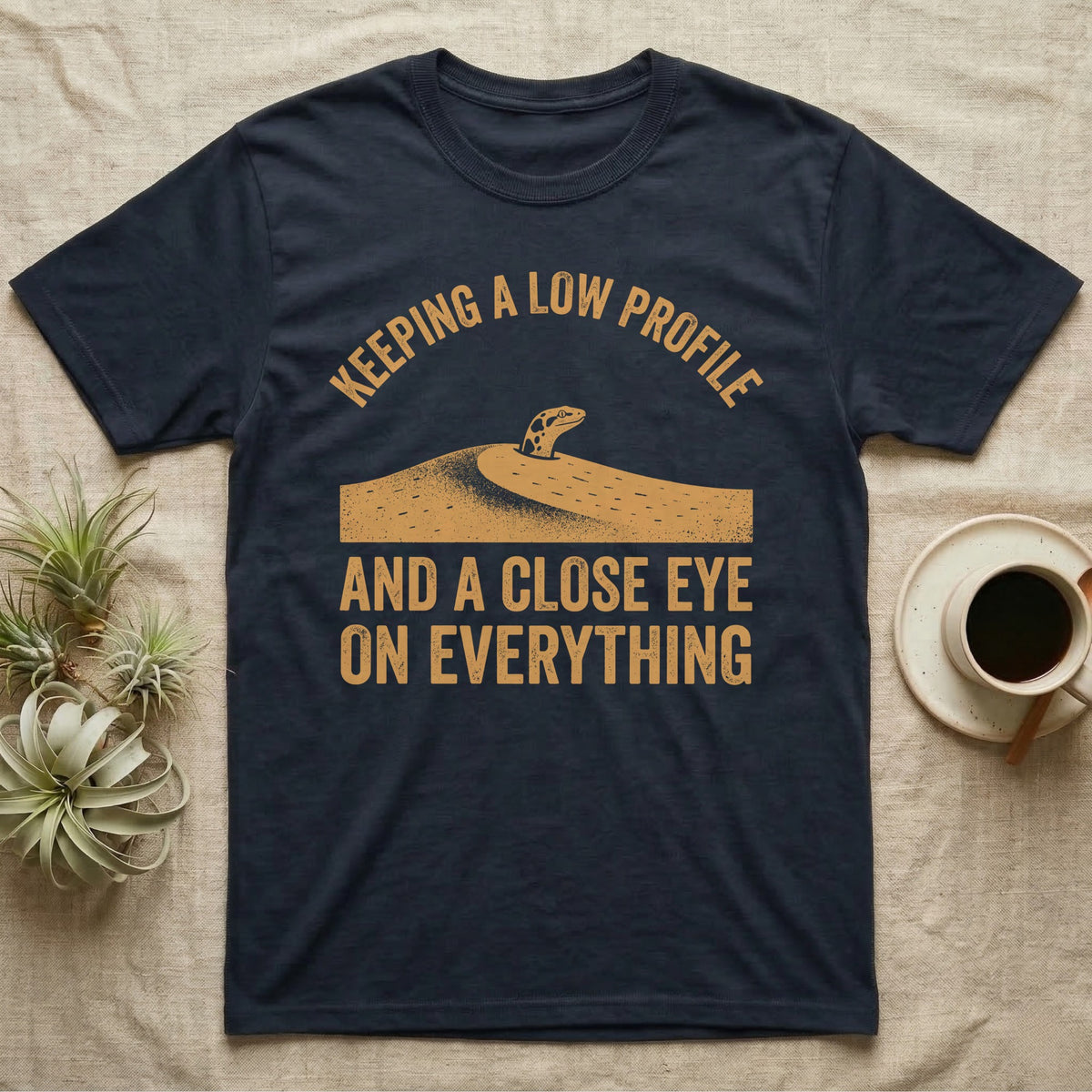 Sand Boa Lookout T-Shirt in Navy — Kenyan sand boa head poking out of a sand dune, Keeping a Low Profile and a Close Eye on Everything
