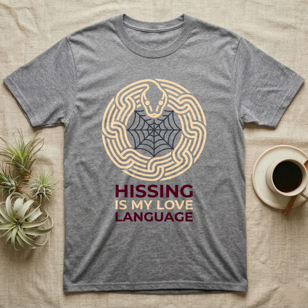 Ball Python Hissing Spiderweb T-Shirt in Sport Grey — Minimal continuous-line ball python coiled around a faint spiderweb, "Hissing Is My Love Language."