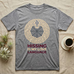 Ball Python Hissing Spiderweb T-Shirt in Sport Grey — Minimal continuous-line ball python coiled around a faint spiderweb, "Hissing Is My Love Language."