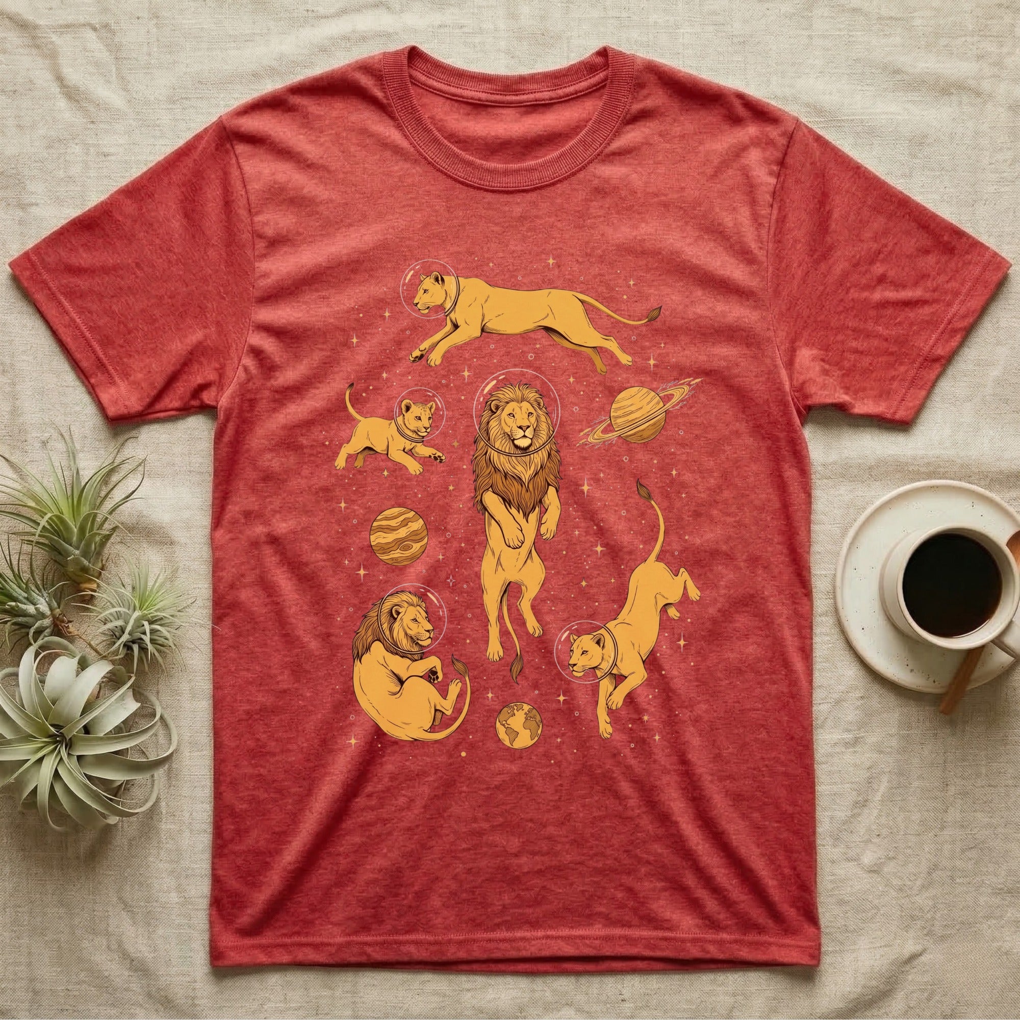 T-shirt with lions in space suits with planets and stars.