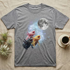 Axolotl Moon Howl T-Shirt in Sport Grey — Three Axolotl colour morphs howling at a full moon over a nebula on a dark grey t-shirt.