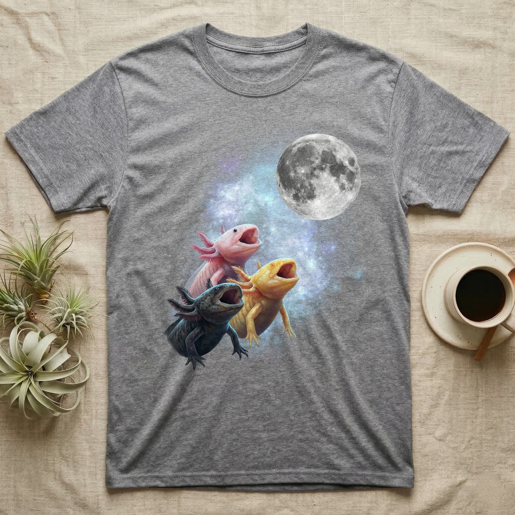 Axolotl Moon Howl T-Shirt in Sport Grey — Three Axolotl colour morphs howling at a full moon over a nebula on a dark grey t-shirt.
