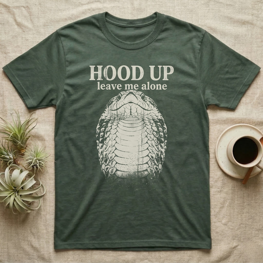 Hognose Hood Up T-Shirt in Military Green — Gritty white print of a western hognose reared up front-on with its neck flattened, under the words HOOD UP, leave me alone, on black