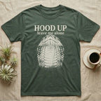 Hognose Hood Up T-Shirt in Military Green — Gritty white print of a western hognose reared up front-on with its neck flattened, under the words HOOD UP, leave me alone, on black