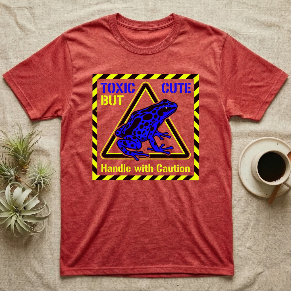 Red t-shirt with blue frog design and "TOXIC BUT CUTE. HANDLE WITH CAUTION." text.