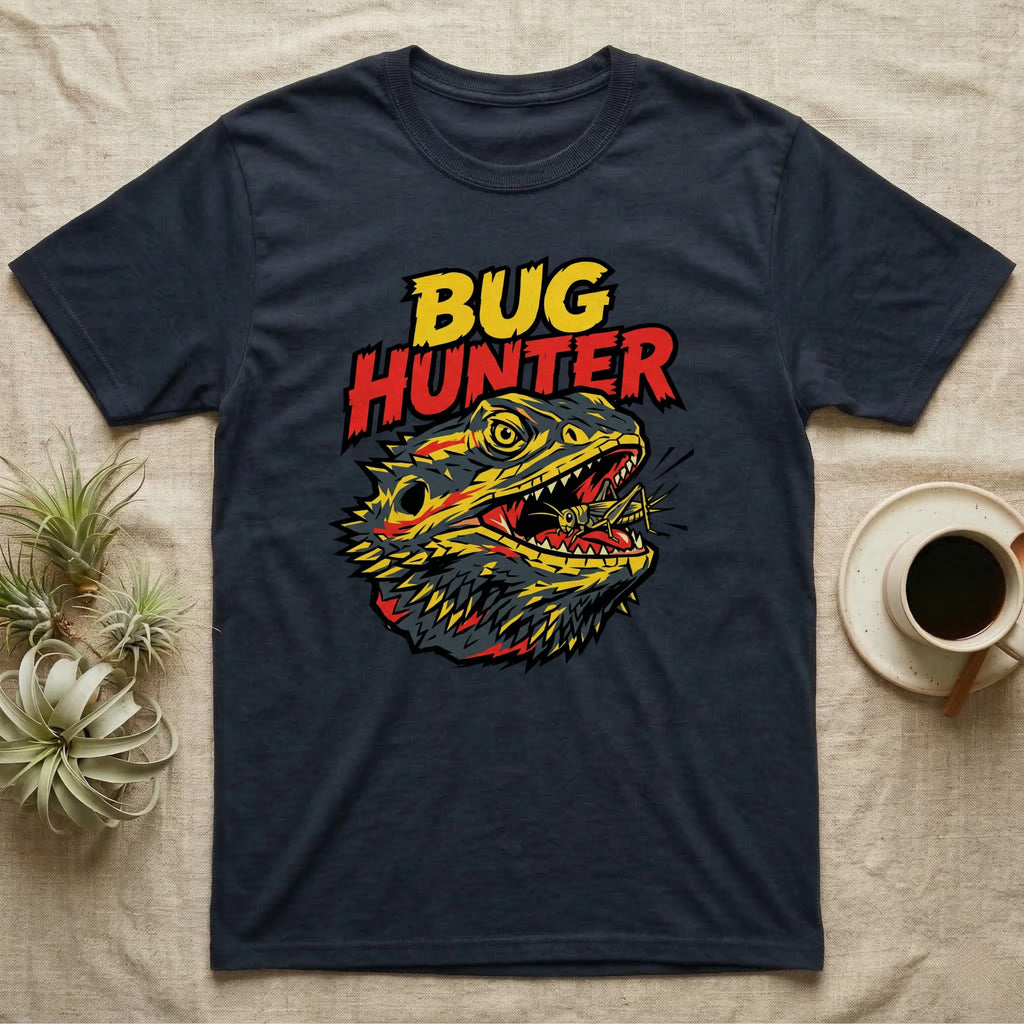 Dark t-shirt with yellow and red "BUG HUNTER" text and a dragon eating an insect.