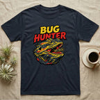 Dark t-shirt with yellow and red "BUG HUNTER" text and a dragon eating an insect.