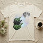 Emerald Tree Boa Moon Howl T-Shirt in Natural — Three Emerald Tree Boa colour morphs howling at a full moon over a nebula on a dark grey t-shirt.