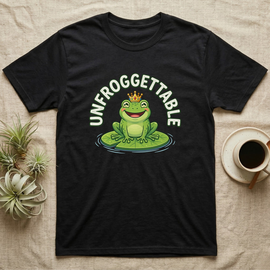 Black t-shirt with a smiling frog wearing a crown on a lily pad.