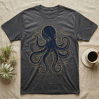 Dark gray t-shirt with a navy blue and gold octopus design.