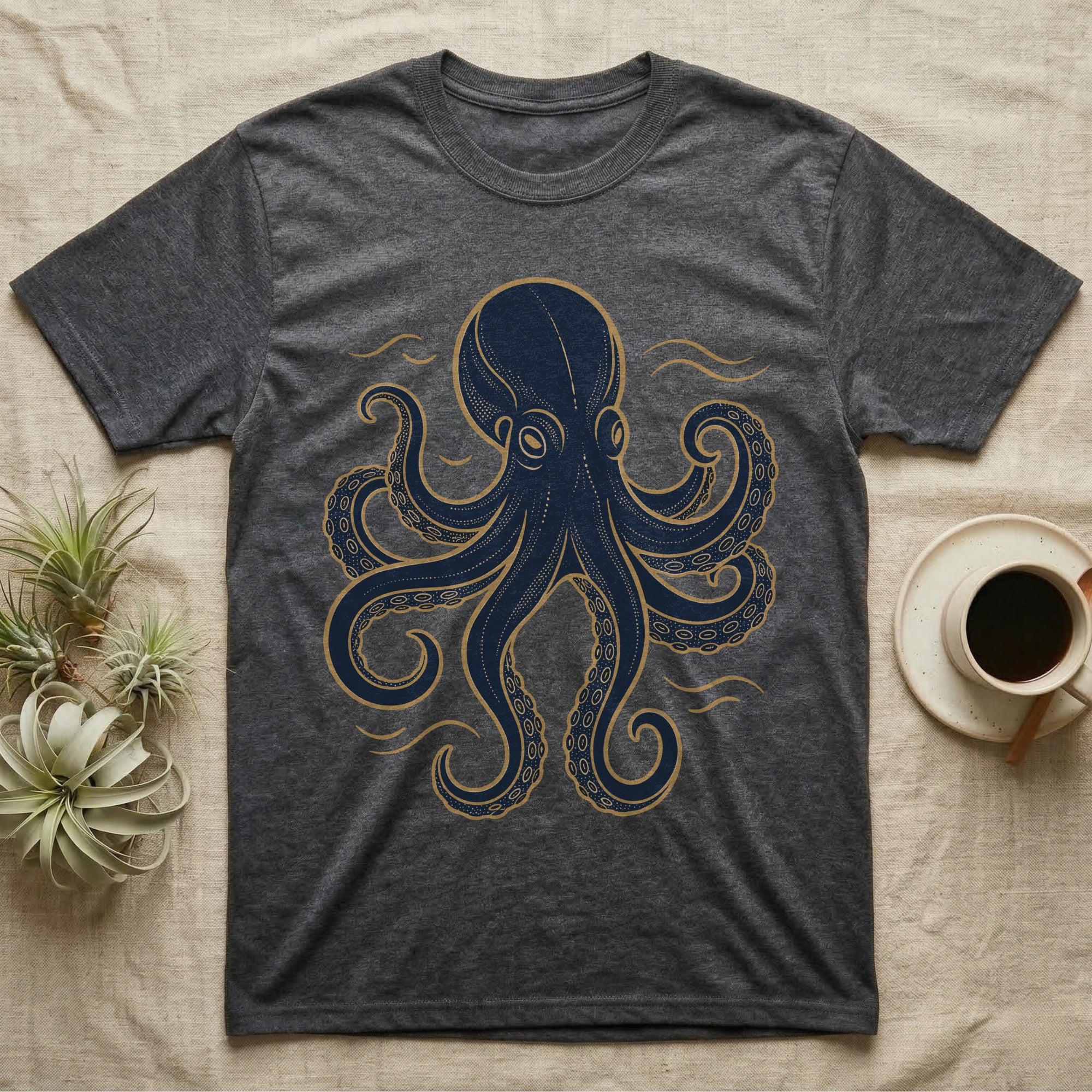 Dark gray t-shirt with a navy blue and gold octopus design.