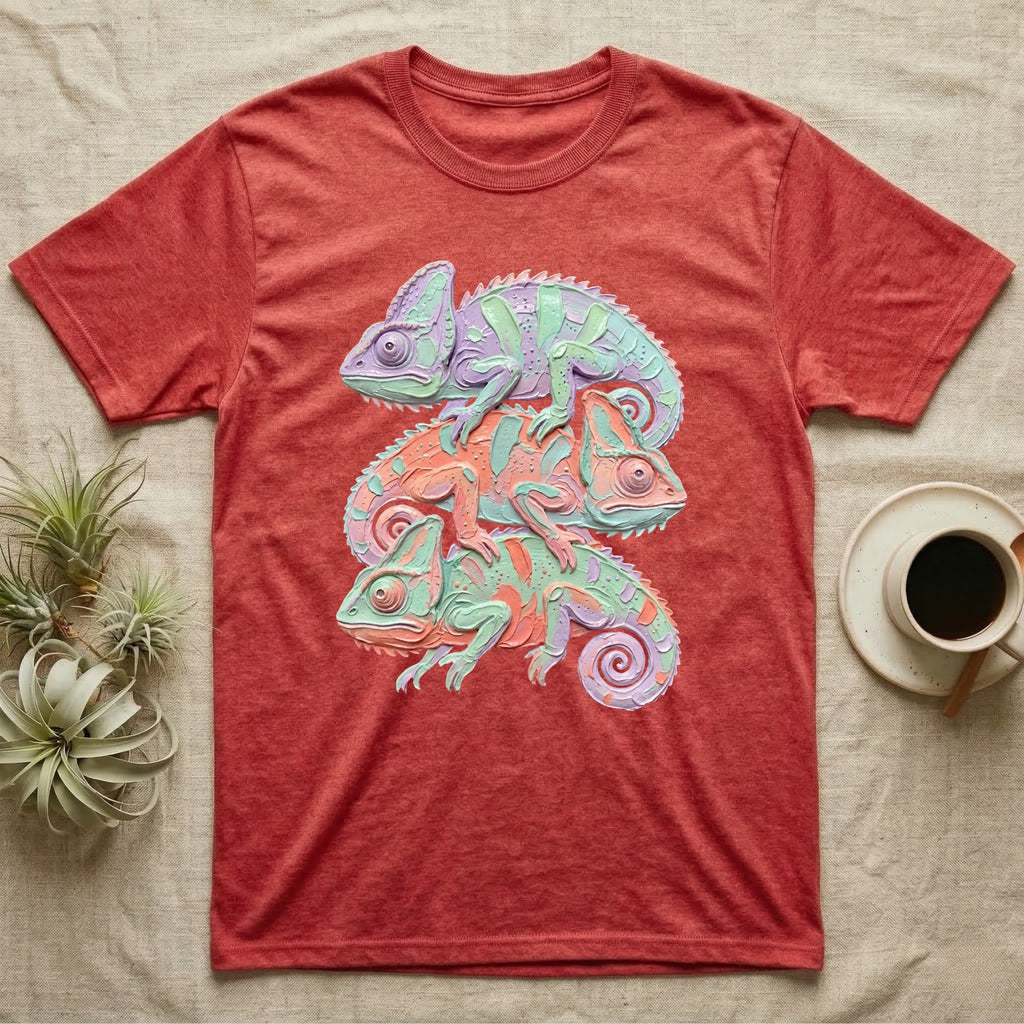 Red t-shirt with a stacked design of three colorful chameleons.