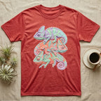 Red t-shirt with a stacked design of three colorful chameleons.