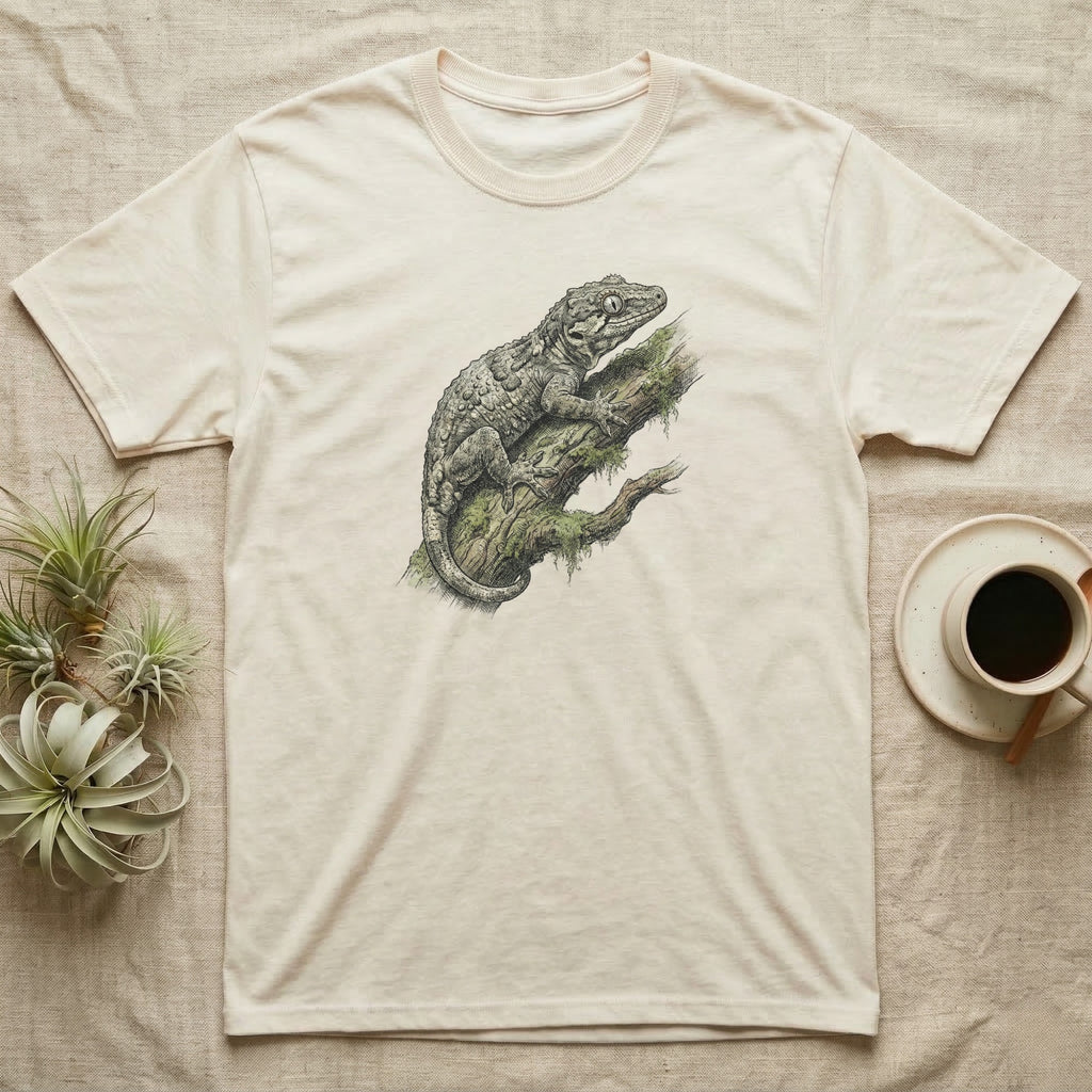 Cream t-shirt with gecko on branch graphic, beside coffee cup and plants.