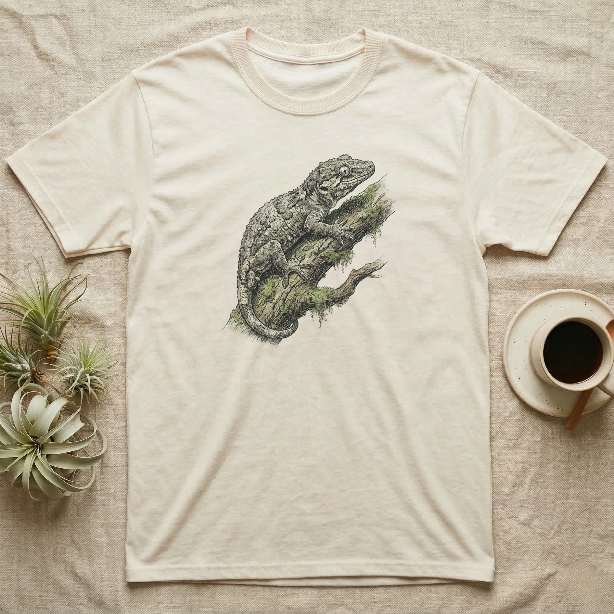 Cream t-shirt with gecko on branch graphic, beside coffee cup and plants.