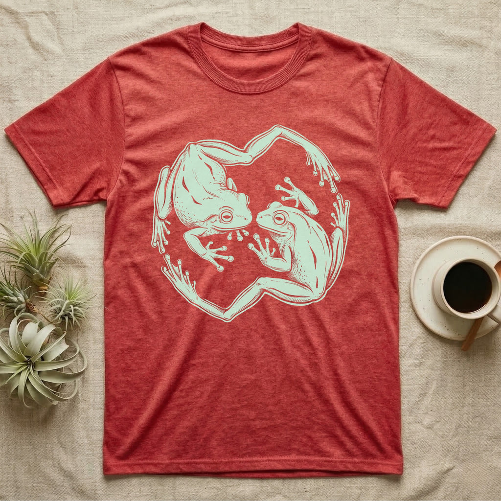 White's Tree Frog Roundel T-Shirt in Heather Red — Brush line art of two White's tree frogs facing each other, bodies curving into a circle, on grey