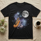 Western Hognose Snake Moon Howl T-Shirt in Black — Three Western Hognose Snake colour morphs howling at a full moon over a nebula on a dark grey t-shirt.