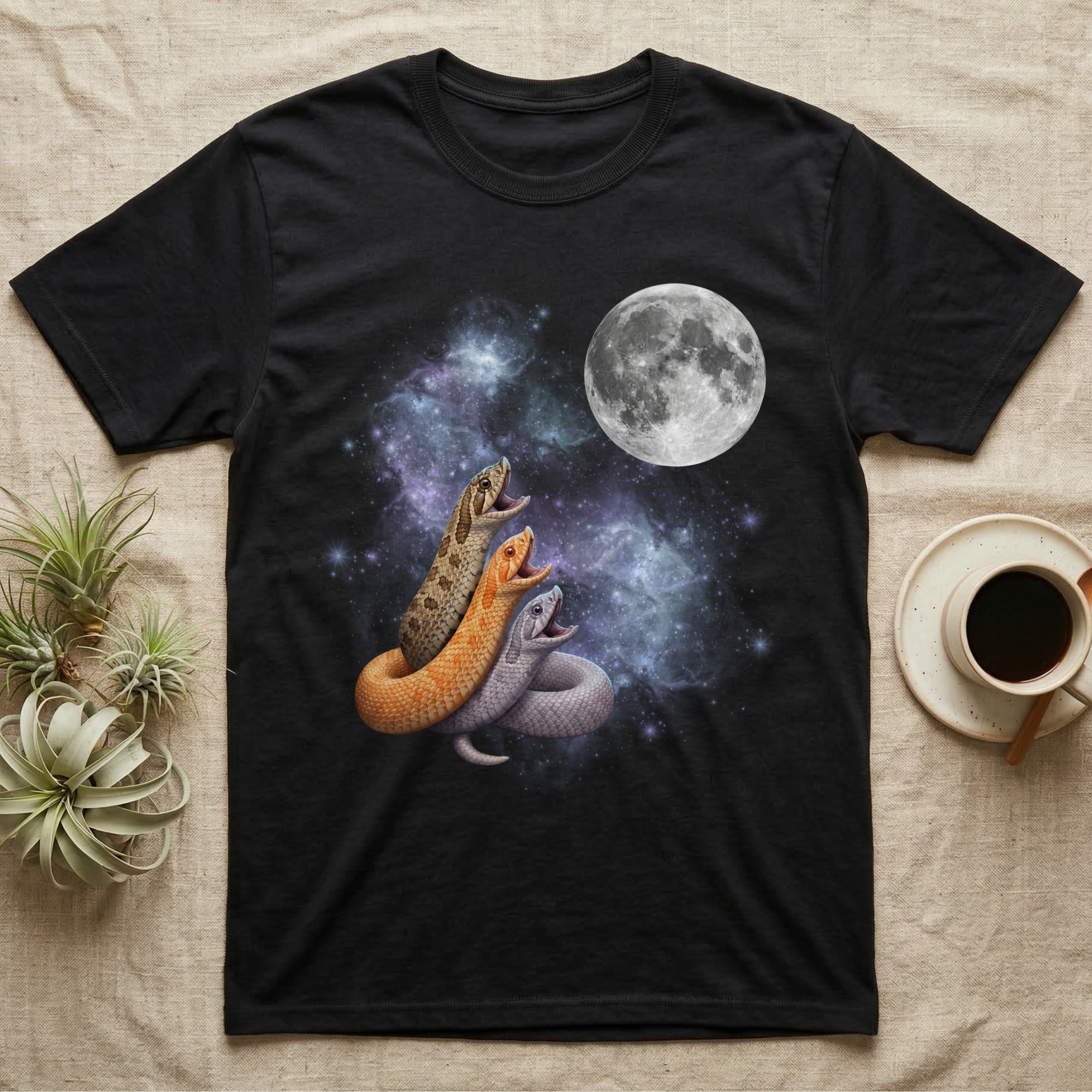 Western Hognose Snake Moon Howl T-Shirt in Black — Three Western Hognose Snake colour morphs howling at a full moon over a nebula on a dark grey t-shirt.