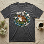 Dark gray t-shirt featuring a stylized frog on lily pads with waves and clouds.