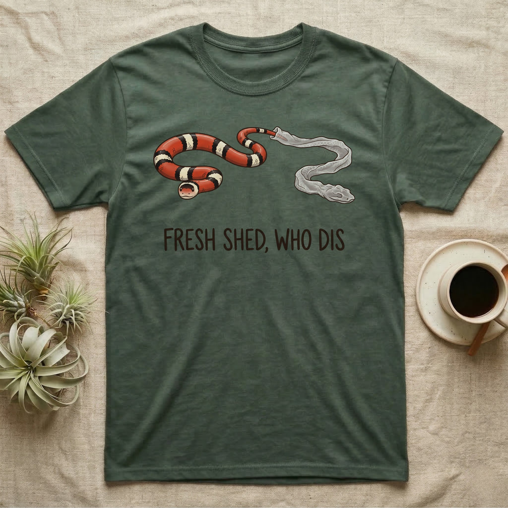Milk Snake Shed T-Shirt in Military Green — Glossy red, black and white milk snake with its tail still in its translucent shed skin above the words FRESH SHED, WHO DIS