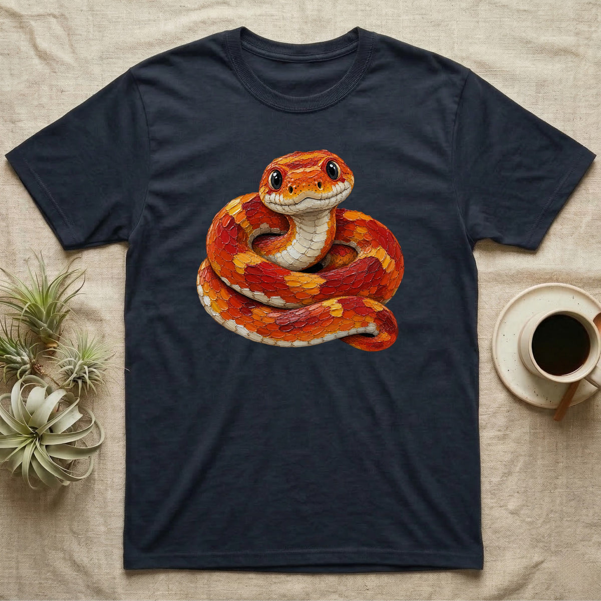 Dark navy t-shirt featuring a coiled orange and red snake illustration.