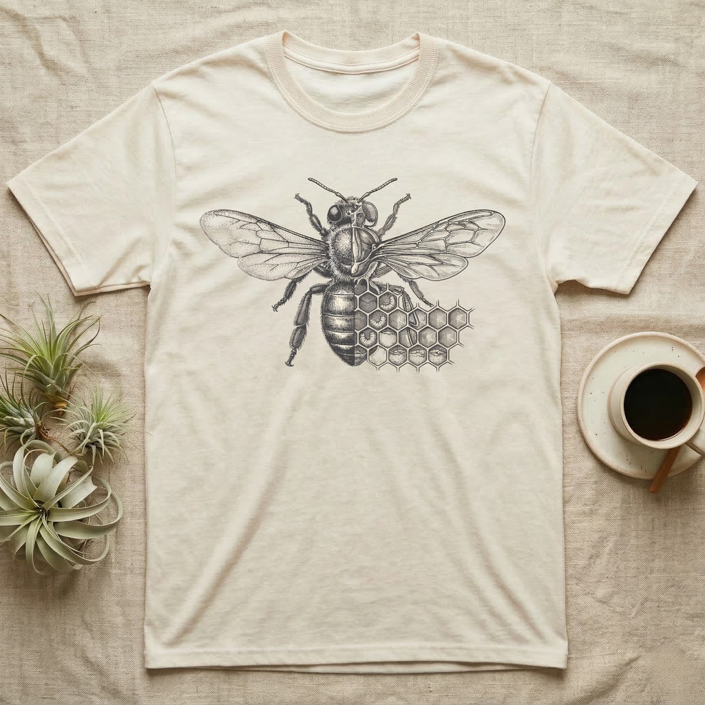 T-shirt with a bee and honeycomb graphic.