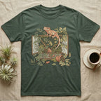 Bioactive Crested Gecko T-Shirt in Military Green — Botanical illustration of a smug crested gecko perched atop a lush overgrown planted vivarium spilling vines.