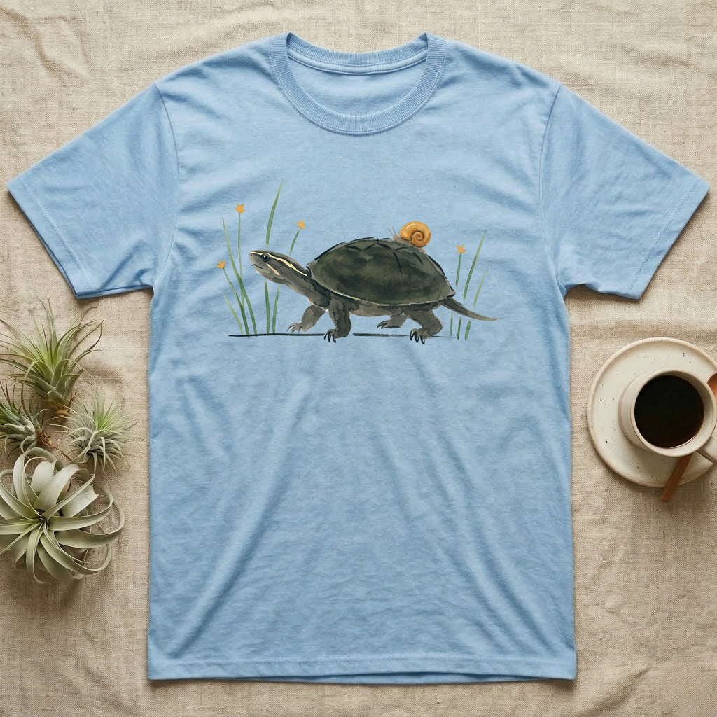 Musk Turtle Hitchhiker T-Shirt in Light Blue — Watercolour musk turtle walking left with a ramshorn snail on its shell, beside slender grass blades with tiny amber flowers.