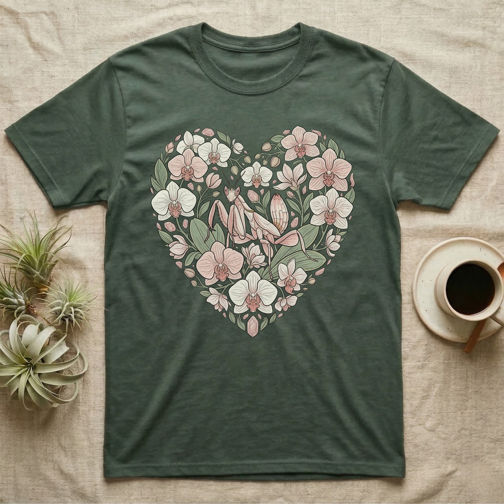 Green t-shirt with heart-shaped floral print featuring praying mantises.