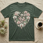Green t-shirt with heart-shaped floral print featuring praying mantises.