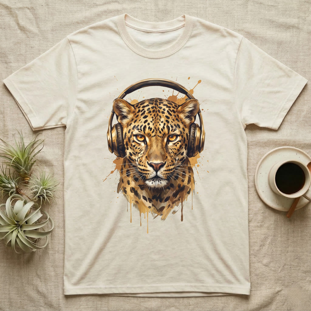Leopard head wearing gold headphones, watercolor style.
