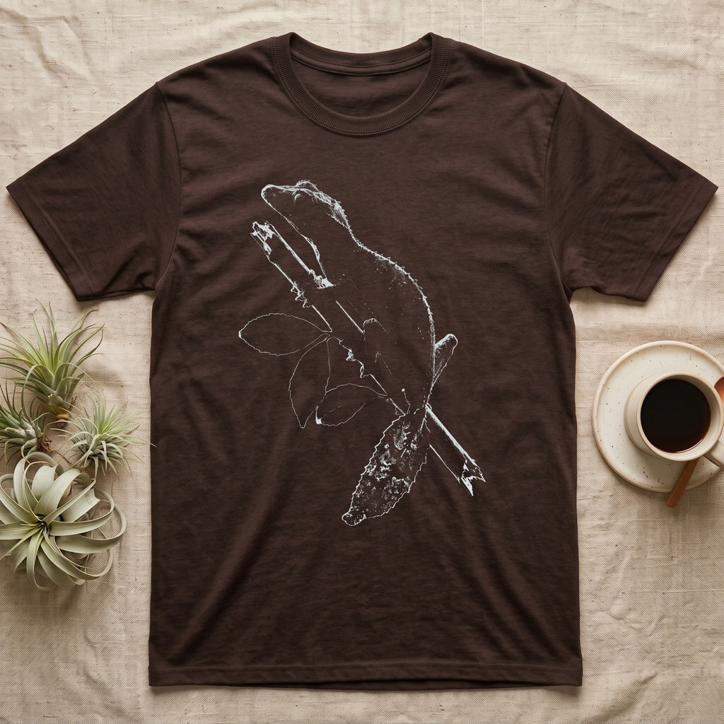 Leaf-Tailed Gecko Rimlight T-Shirt in Dark Chocolate — Satanic leaf-tailed gecko resting on a broken branch, drawn only as a near-white lit edge on black with its body left empty dark.