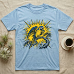 Blue t-shirt with a blue and yellow macaw perched on a tree branch with a sunburst.