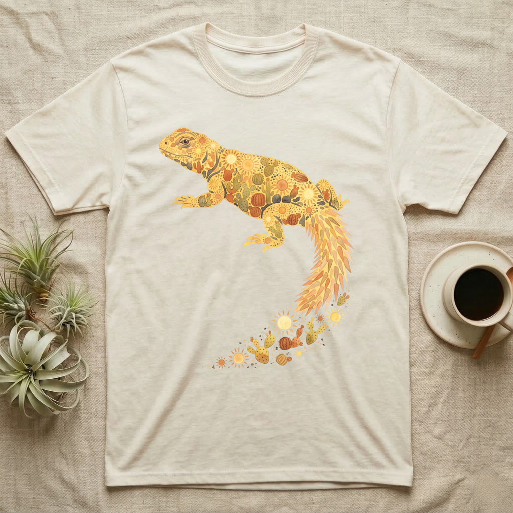 Uromastyx Solar Loaf T-Shirt in Natural — Warm watercolour mosaic of a basking uromastyx lizard made of tiny suns, cacti and sand on grey
