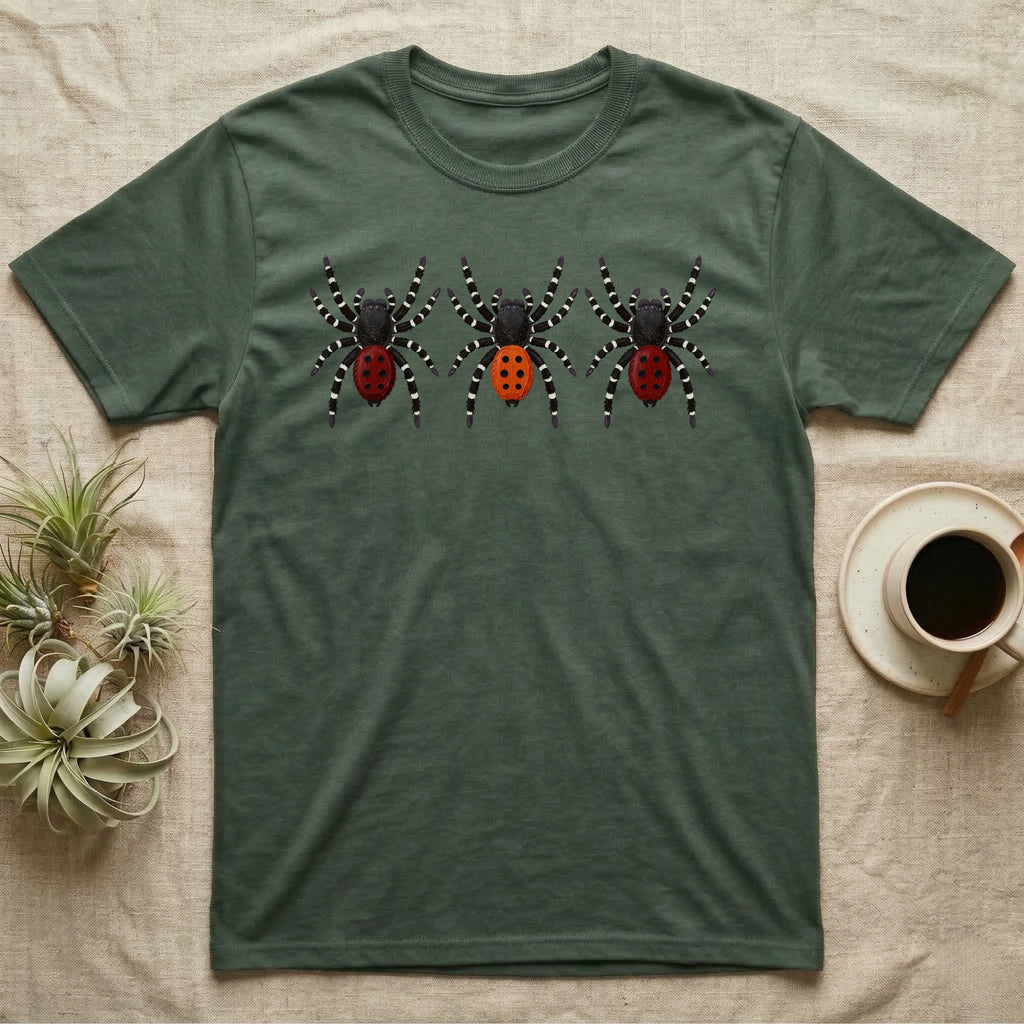 Velvet Spider Triptych T-Shirt in Military Green — Three velvet spiders in a row, painted in thick impasto, each with a differently coloured red-and-black abdomen.