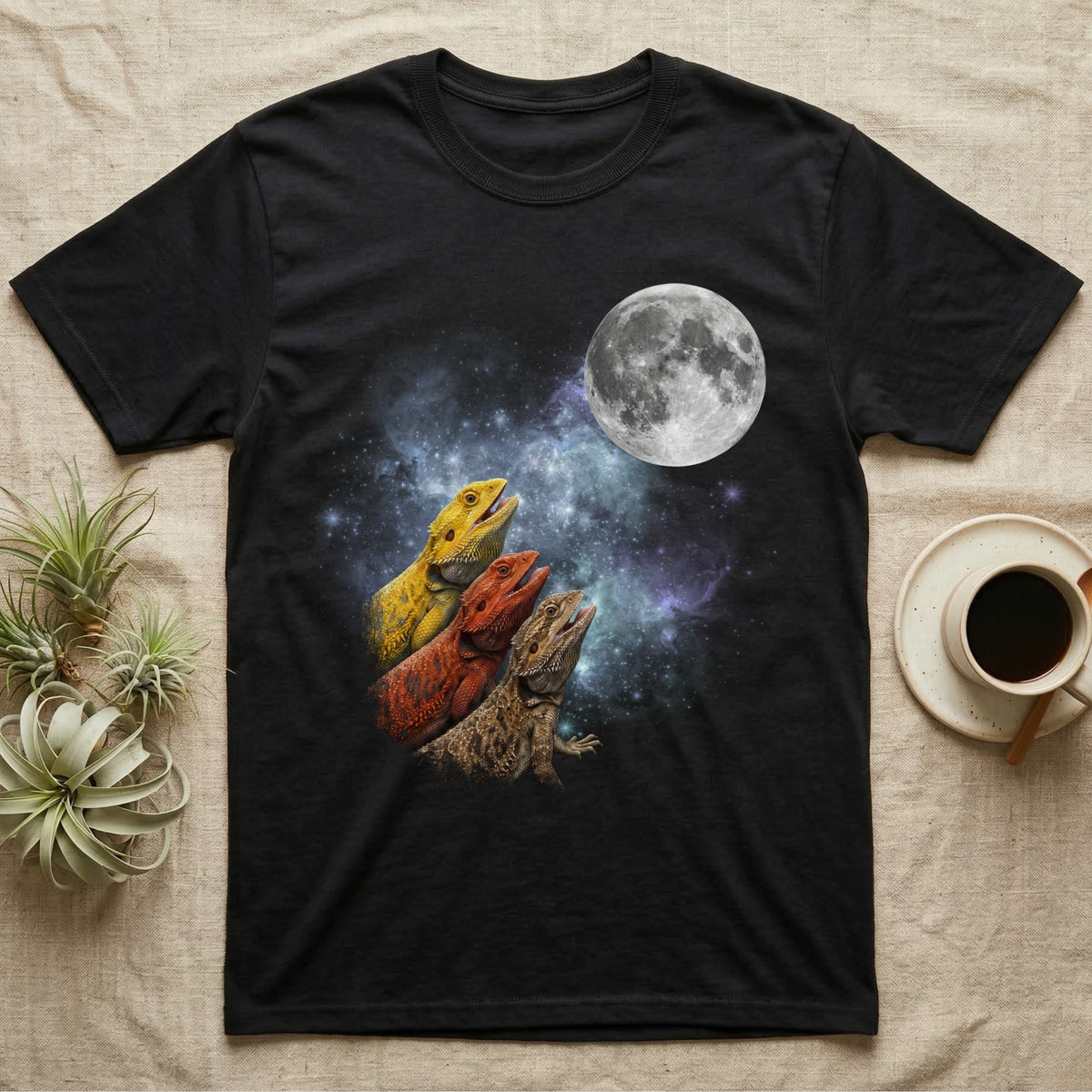 Bearded Dragon Moon Howl T-Shirt in Black — Three Bearded Dragon colour morphs howling at a full moon over a nebula on a dark grey t-shirt.