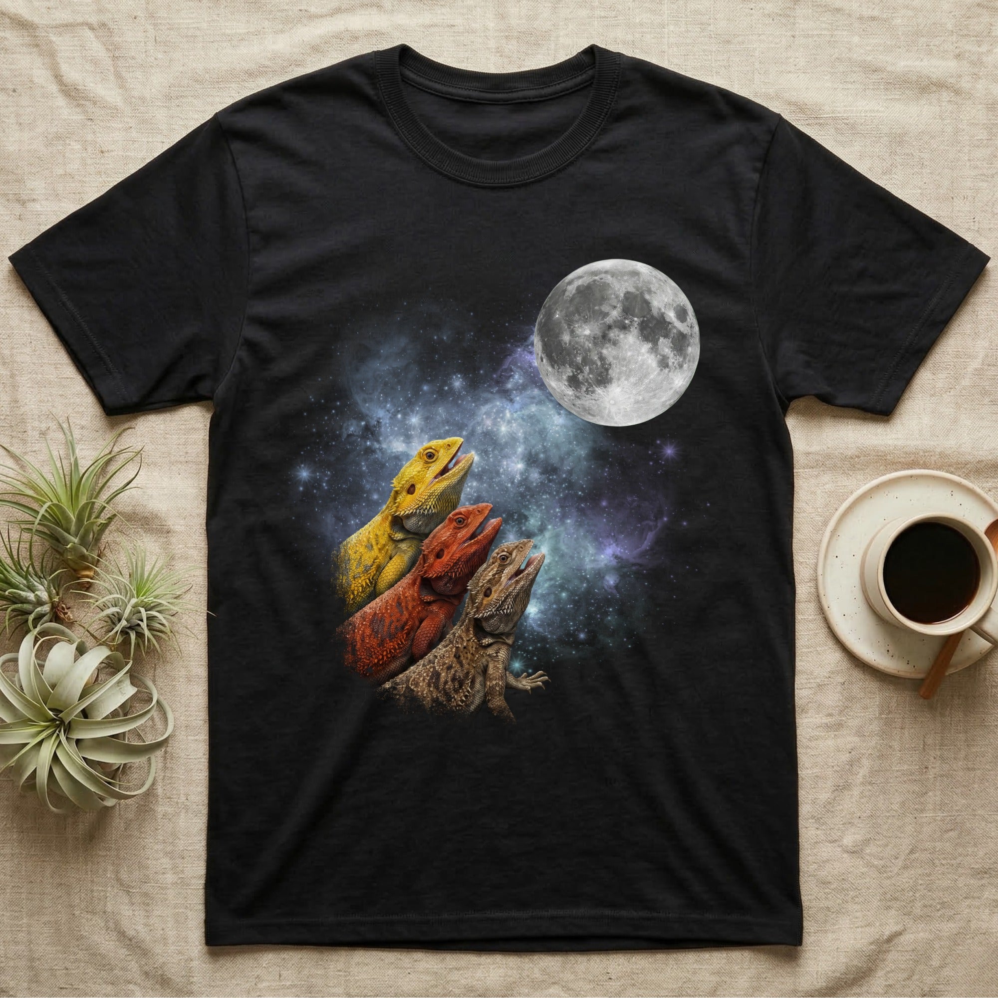 Bearded Dragon Moon Howl T-Shirt in Black — Three Bearded Dragon colour morphs howling at a full moon over a nebula on a dark grey t-shirt.