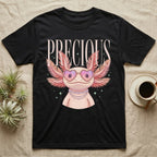 Black t-shirt with a pink axolotl wearing heart sunglasses and a pearl necklace.