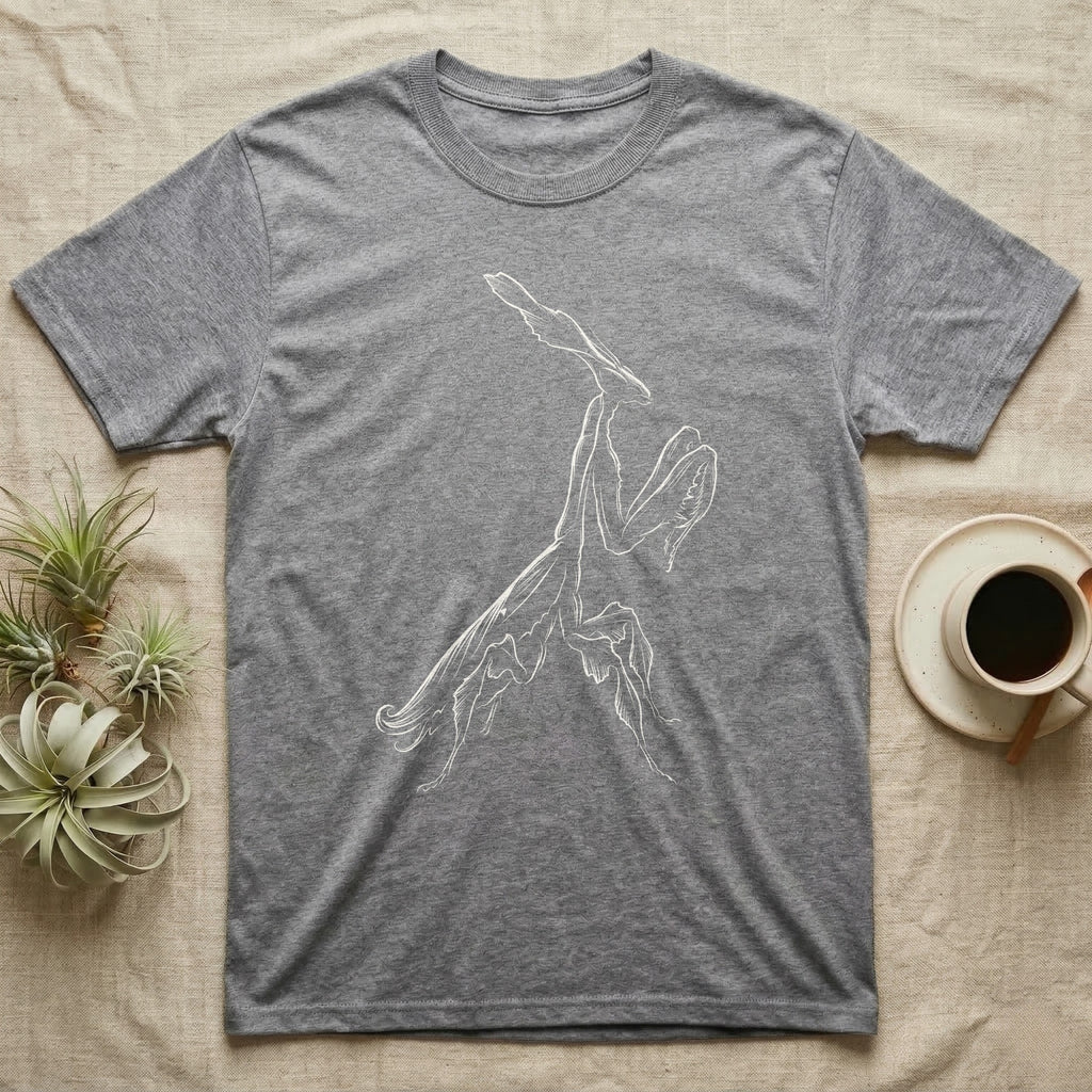 Ghost Mantis Rim Light T-Shirt in Sport Grey — Ghost mantis in profile drawn only as a pale rim of light on black, tall leaf crest raised and legs lobed like leaves.
