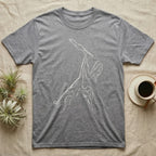 Ghost Mantis Rim Light T-Shirt in Sport Grey — Ghost mantis in profile drawn only as a pale rim of light on black, tall leaf crest raised and legs lobed like leaves.